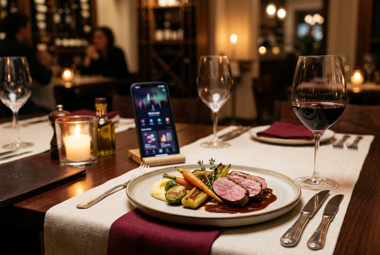 Key Visual: Wine Pairing am Tisch mit Henri (Querformat)