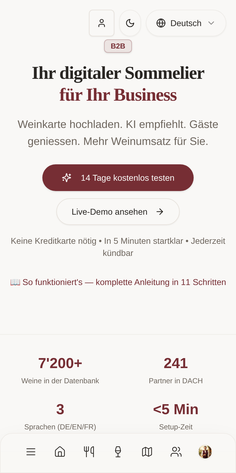 App-Screenshot: B2B – digitale Weinkarte für Gastronomie & Weinhandel