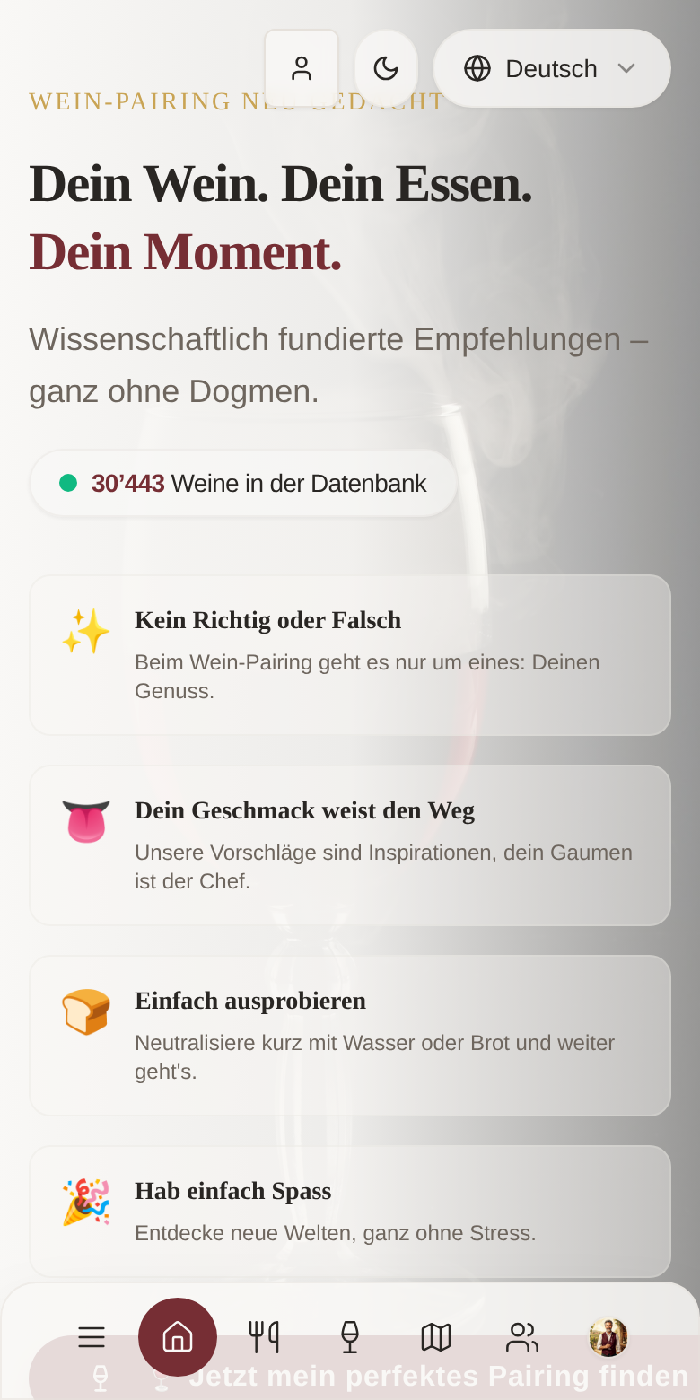 App-Screenshot: Startbildschirm – «Dein Wein. Dein Essen. Dein Moment.»
