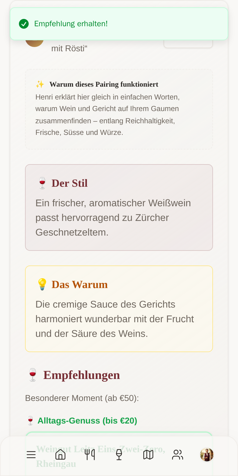 App-Screenshot: Henris Empfehlung mit Begründung («Der Stil» / «Das Warum»)